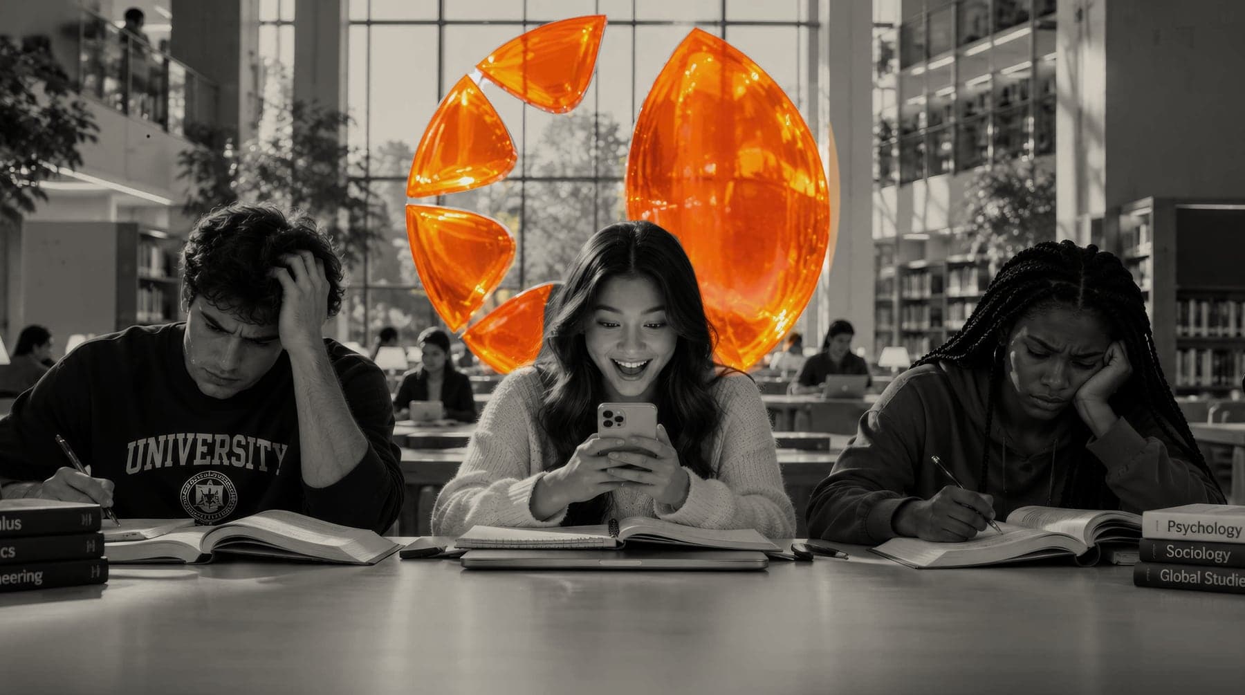 Students studying in a university library in front of a large orange Legacy AI logo